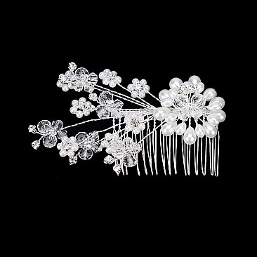 Stylish Pearl and Bead Flower Burst Spray Wedding Hair Comb SLHWY3109