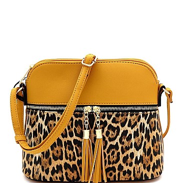 Tassel Accent Leopard Print Pocket Dome Cross Body