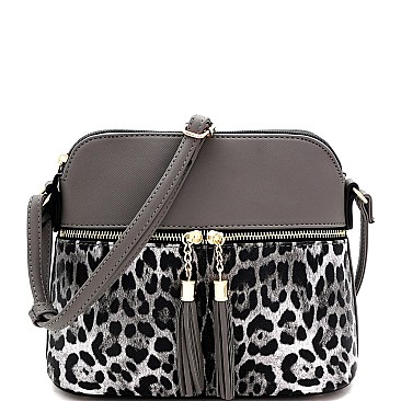 Tassel Accent Leopard Print Pocket Dome Cross Body