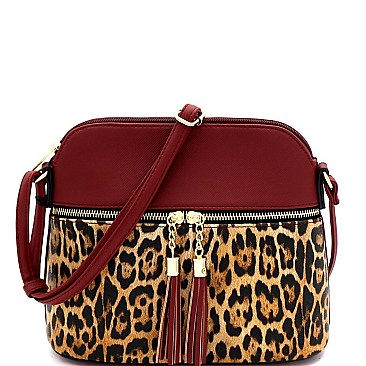 Tassel Accent Leopard Print Pocket Dome Cross Body