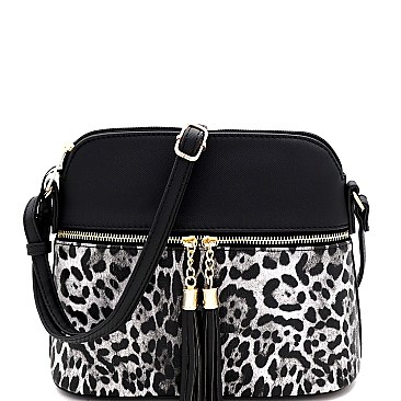 Tassel Accent Leopard Print Pocket Dome Cross Body