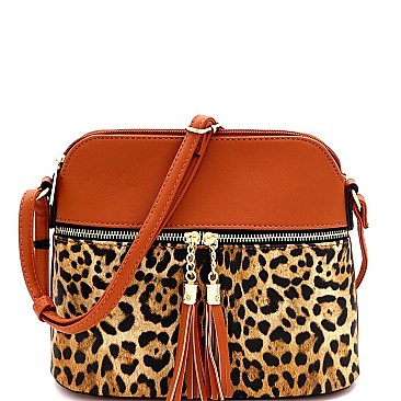 Tassel Accent Leopard Print Pocket Dome Cross Body