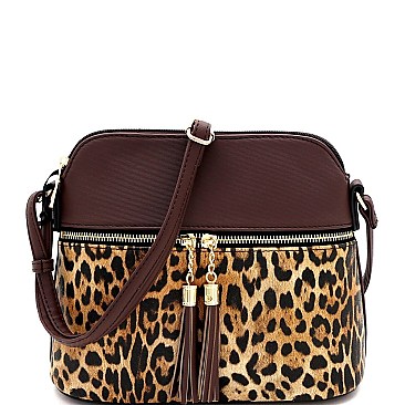 Tassel Accent Leopard Print Pocket Dome Cross Body