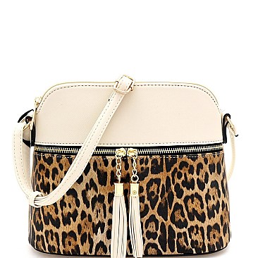 Tassel Accent Leopard Print Pocket Dome Cross Body