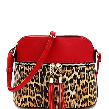 Tassel Accent Leopard Print Pocket Dome Cross Body