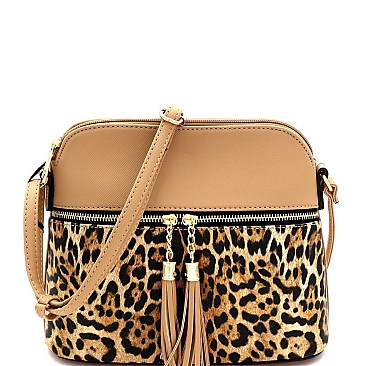 Tassel Accent Leopard Print Pocket Dome Cross Body