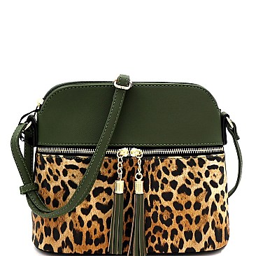 Tassel Accent Leopard Print Pocket Dome Cross Body