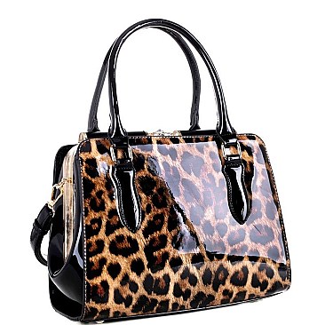 Leopard Print Patent Jewel-Top Frame 2-Way Satchel