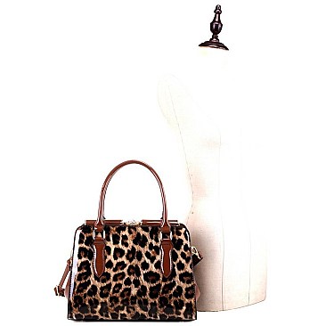 Leopard Print Patent Jewel-Top Frame 2-Way Satchel