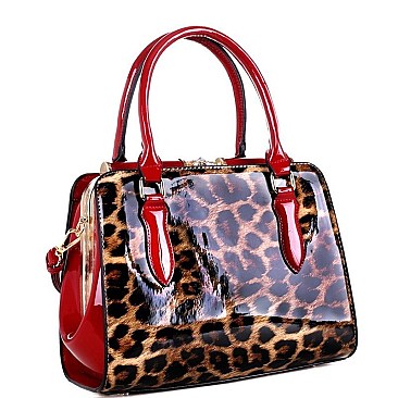 Leopard Print Patent Jewel-Top Frame 2-Way Satchel