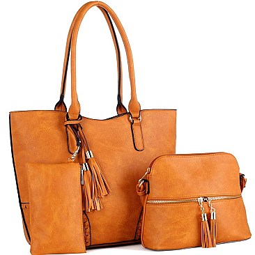 3 IN 1 BOHO DETAIL TOTE SET WITH DOME CROSS BODY
