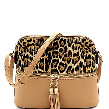 TASSEL ACCENT LEOPARD PRINT DOME CROSS BODY