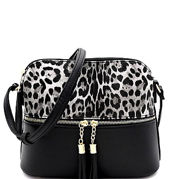 TASSEL ACCENT LEOPARD PRINT DOME CROSS BODY