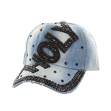 HOLY in Black Rhinestones on Distressed Denim Fashion Cap MEZ719