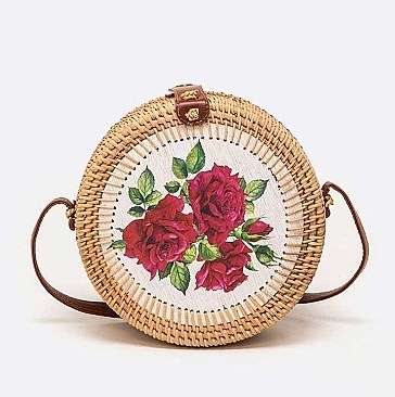 Flower Printed Wooden Accent Bamboo Circle Swing Bag