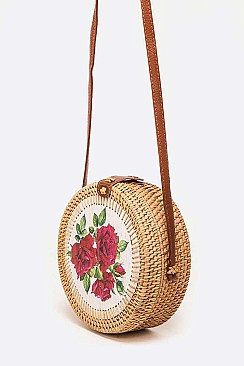 Flower Printed Wooden Accent Bamboo Circle Swing Bag
