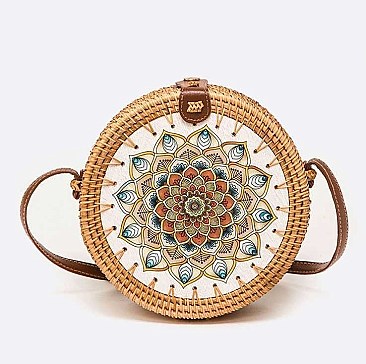 Wooden Panel Hand Printed Flower Bamboo Circle Swing Bag