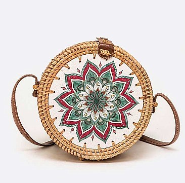 Hand Printed Flower Wooden Panel Bamboo Swing Bag