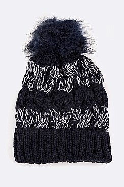 Pack of 12 Fashion 2 Tone Cable Knit PomPom Beanies