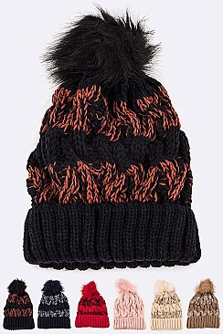 Pack of 12 Fashion 2 Tone Cable Knit PomPom Beanies