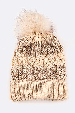 Pack of 12 Fashion 2 Tone Cable Knit PomPom Beanies