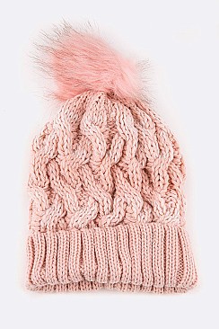 Pack of 12 Fashion 2 Tone Cable Knit PomPom Beanies