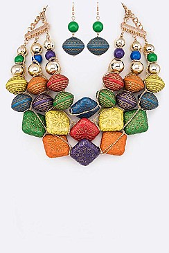 Posh Gold Engraved Beads Statement Necklace Set LACN2044