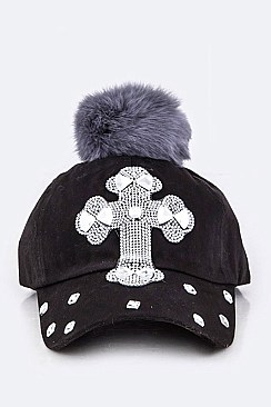 Crystal Cross Embelished Pom Pom Cap LA-EMH8552
