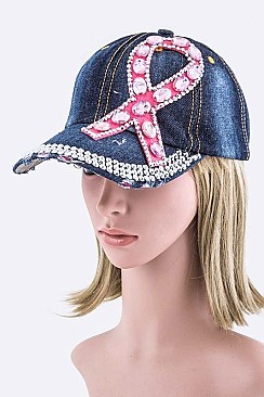 Pink Ribbon Crystal Embellished Fashion Denim Cap LA-HT277X112D