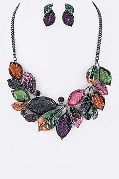 Iconic Leaves Statement Necklace With Earrings LA-YNE3179