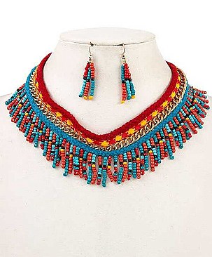 FRINGE BEADED BIB NECKLACE SET