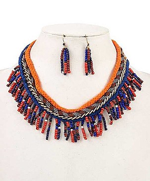 FRINGE BEADED BIB NECKLACE SET