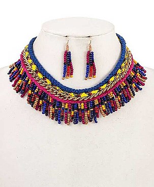 FRINGE BEADED BIB NECKLACE SET
