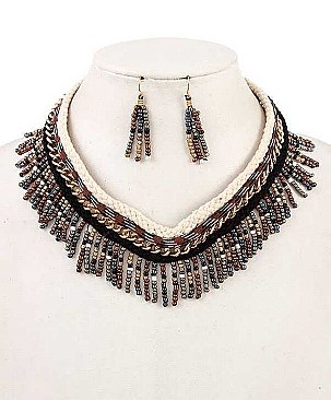FRINGE BEADED BIB NECKLACE SET