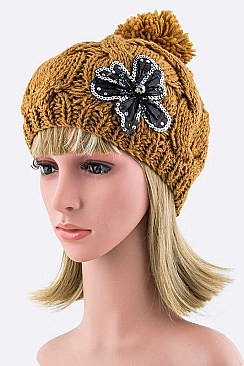 Chic Sequins Flower Cable Knit PomPom Beanie LA-ZZM011229MG048-0
