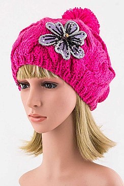 Chic Sequins Flower Cable Knit PomPom Beanie LA-ZZM011229MG048-0