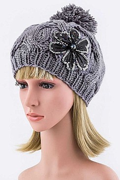 Chic Sequins Flower Cable Knit PomPom Beanie LA-ZZM011229MG048-0