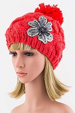 Chic Sequins Flower Cable Knit PomPom Beanie LA-ZZM011229MG048-0