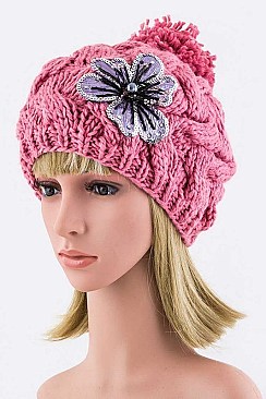Chic Sequins Flower Cable Knit PomPom Beanie LA-ZZM011229MG048-0