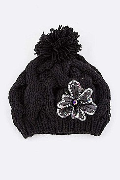 Chic Sequins Flower Cable Knit PomPom Beanie LA-ZZM011229MG048-0