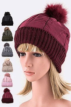 Pack of 12 pieces Trendy Nylon Accent Fur Pom Beanie Set LA-HT730
