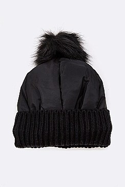 Pack of 12 pieces Trendy Nylon Accent Fur Pom Beanie Set LA-HT730
