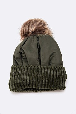 Pack of 12 pieces Trendy Nylon Accent Fur Pom Beanie Set LA-HT730