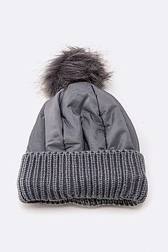 Pack of 12 pieces Trendy Nylon Accent Fur Pom Beanie Set LA-HT730