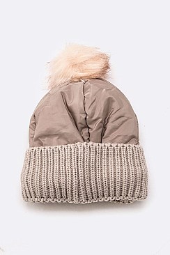 Pack of 12 pieces Trendy Nylon Accent Fur Pom Beanie Set LA-HT730