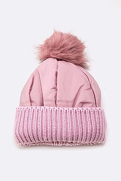 Pack of 12 pieces Trendy Nylon Accent Fur Pom Beanie Set LA-HT730