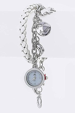 Stylish Locket Mix Charm & Leather Toggle Bracelet Watch