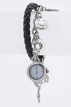 Stylish Locket Mix Charm & Leather Toggle Bracelet Watch