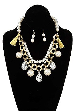 DANGLING CHARMS IN LAYERED CHAIN AND PEARLS NECKLACE SET