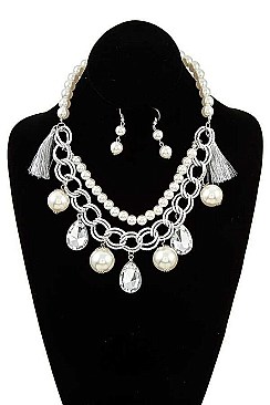 DANGLING CHARMS IN LAYERED CHAIN AND PEARLS NECKLACE SET
